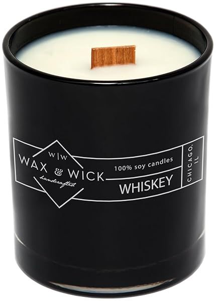 Wax and Wick 12oz Whiskey Scented Candle for Men 100% Soy Wax Double Wood Wick Black Jar Long Lasting Masculine Gift Made in USA