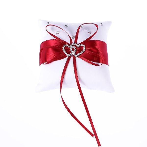 Elegant Double Heart Wedding Ring Pillow - White & Red Bridal Ring Bearer Cushion 10x10cm