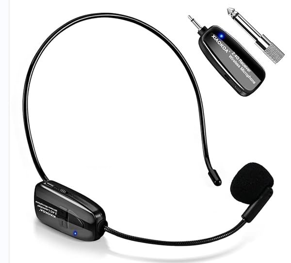 XIAOKOA 2.4G Wireless Microphone Headset with 50m Range and Dual Micro USB Charging for PA Systems