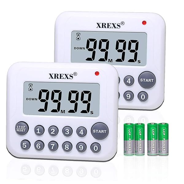 XREXS Digital Kitchen Timer Magnetic Countdown Clock with Loud Alarm Large Display 2 Pcs Battery Included White