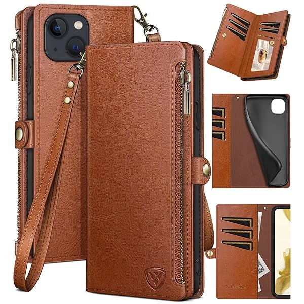 XcaseBar iPhone 13 Wallet Case Zipper Credit Card Holder RFID Blocking Flip Folio PU Leather Shockproof Cover Light Brown