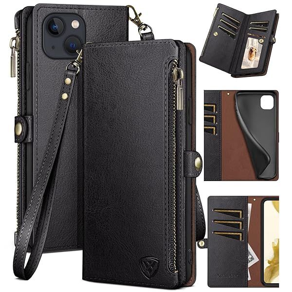 XcaseBar iPhone 14 Case with Zipper RFID Blocking Credit Card Holder Flip Folio PU Leather Shockproof Wallet Case for Apple 14 Black