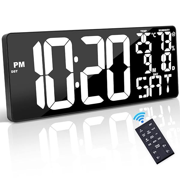 Xflyee 18 Inch Oversized Digital Wall Clock with Remote Control Auto Dimming Temperature Date Day of Week Large Display Multi Functional White