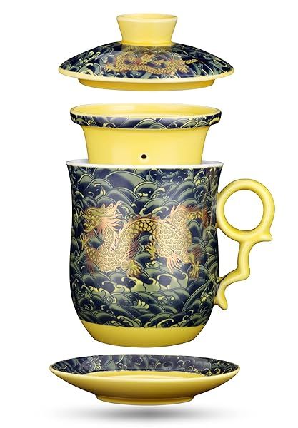 YURROAD Dark Green Chinese Dragon Tea Mug with Strainer & Lid - 13.5oz Ceramic Cup for Perfect Brewing