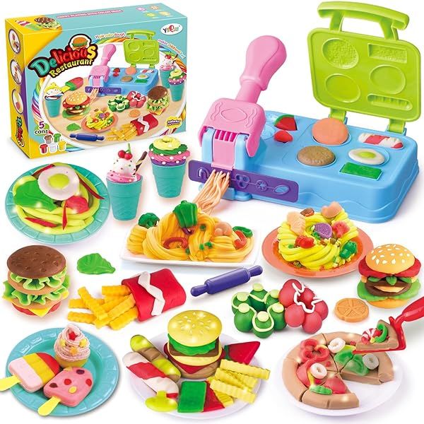 YiQis Burger & Ice Cream Playdough Sets for Kids 2-8 | 21 Accessories & 5 Color Dough for Creative Play
