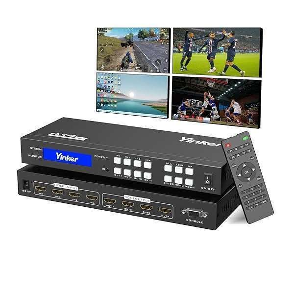 Yinker 4K HDMI Matrix Switch 4x4: 4 In 4 Out Splitter with Backlit Buttons & RS232 Control - HDCP EDID Management