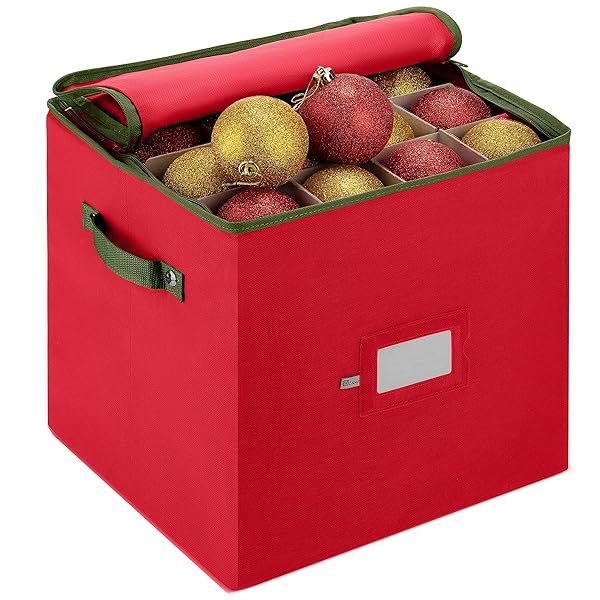 ZOBER Christmas Ornament Storage Box: Store 64 Ornaments in Tear-Proof, Dual-Zipper Red Container with 3-Inch Cube Compartments