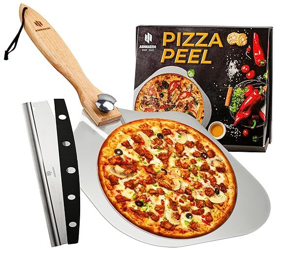 ASHNAEEM Premium Pizza Peel 12X14 Aluminum Paddle with Cutter and Foldable Wooden Handle for Easy Storage Indoor Outdoor Use