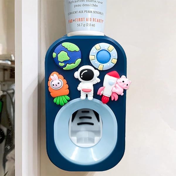 Automatic Kid Toothpaste Dispenser Wall Mounted Bathroom Decor for Kids and Family by Mr Thumbs Astronaut Design
