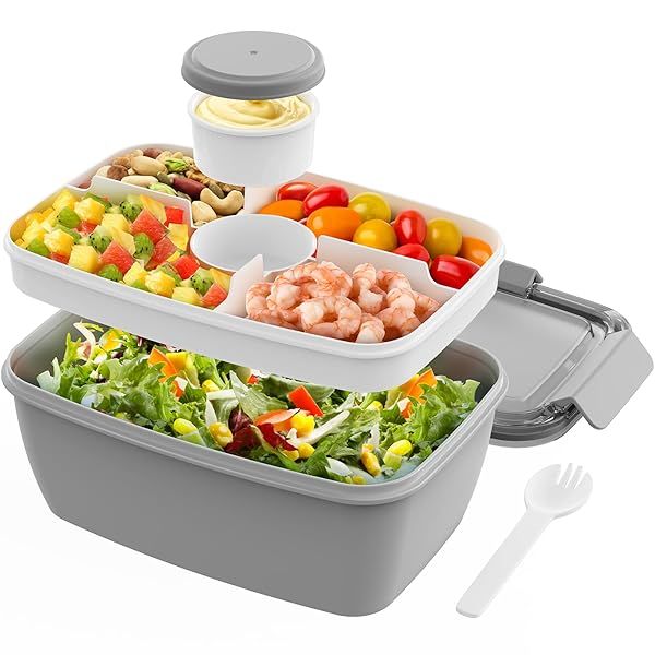 Cherrysea 68oz Salad Lunch Container with 4 Compartments Leak Proof BPA-Free Snack Box for Men and Women Grey