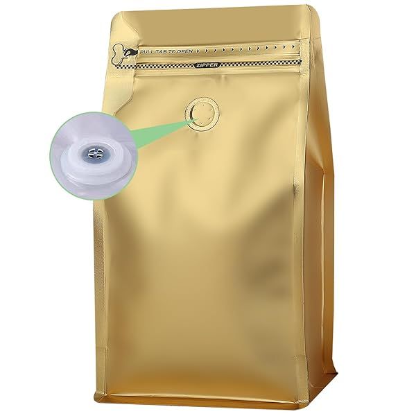 High Barrier Aluminum Coffee Bags with Valve Flat Bottom 12oz Reusable Heat Sealable Side Zipper Pouches 100pcs Gold