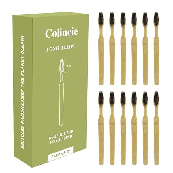Colincie Extra Hard Bamboo Charcoal Toothbrush Long Head Wide Handle Whitening Teeth Pack of 12