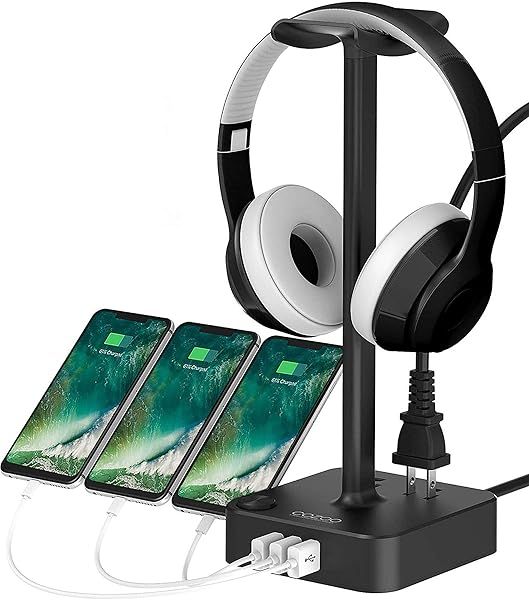 CoZoo Headphone Stand with USB Charger & Power Strip - Perfect Gaming Desk Accessory & Gift for Boyfriend