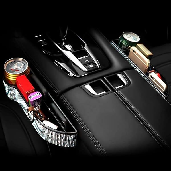 Car Seat Side Drop Organizer with Cup Holder & Charging Ports - Bling Console Storage (2PC/1Pair, Multicolor Diamonds)