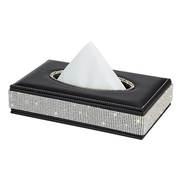Elegant Rectangle Tissue Box Cover with Bling Crystal Diamonds - Premium Leather Holder for Car, Office & Home - Black