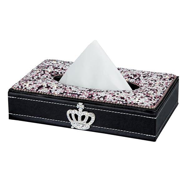 Elegant Purple Rectangle Tissue Box Cover - Bling Crystal Diamonds, Premium Leather for Car, Office & Home Decor