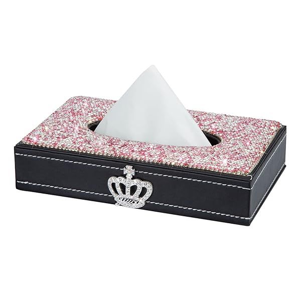 Elegant Pink Rectangle Tissue Box Cover - Bling Crystal Diamonds, Premium Leather for Car, Office & Home Decor