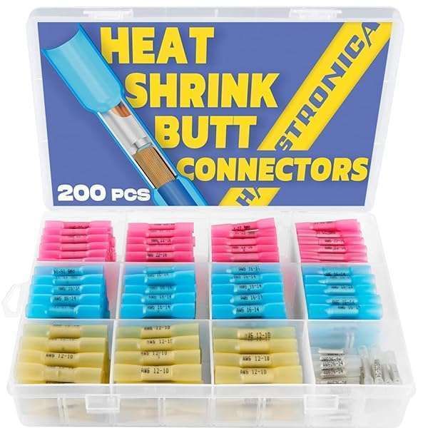 200PCS Marine Grade Heat Shrink Wire Butt Connectors - Waterproof Tinned Copper, 26-10 Gauge, 4 Colors & Sizes