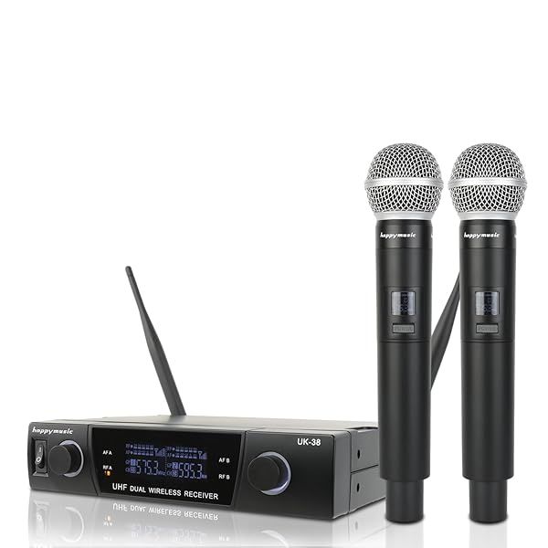 Happymusic Professional UHF 2 Channel Wireless Microphone System Cordless Handheld Mic Set for DJ Church Wedding Event Singing Home Karaoke