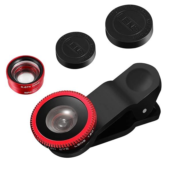 3-in-1 Hemobllo Mobile Phone Lens: Super Wide Angle, Macro & Fisheye for iPhone 6S/7/8/X - Clip-On Red Lens