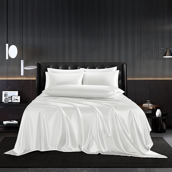 HommxJF 5Pcs Satin Sheets Set Full Size White Silky Bedding Luxury Breathable Flat Fitted Pillowcases
