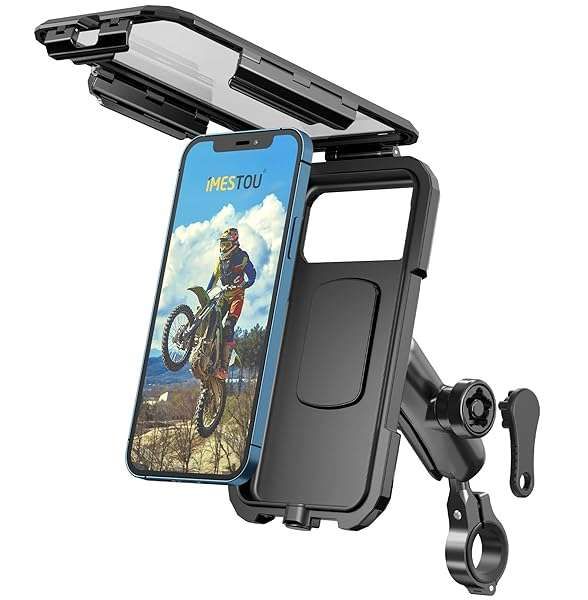 iMESTOU Anti-Theft Waterproof Motorcycle Phone Holder Bike Phone Mount 1&quot; Ball Handlebar Stem Mobile Holder with Double Socket Arms 720° Rotation Aluminium Base for 5.5&quot;-6.8&quot; Cellphones (L)