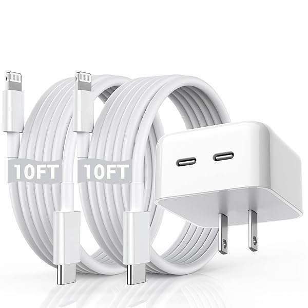 40W Dual USB-C Fast Charger & 10FT Lightning Cable 2-Pack for iPhone 14/13/12/11/XR/XS/SE - Quick Charging Solution