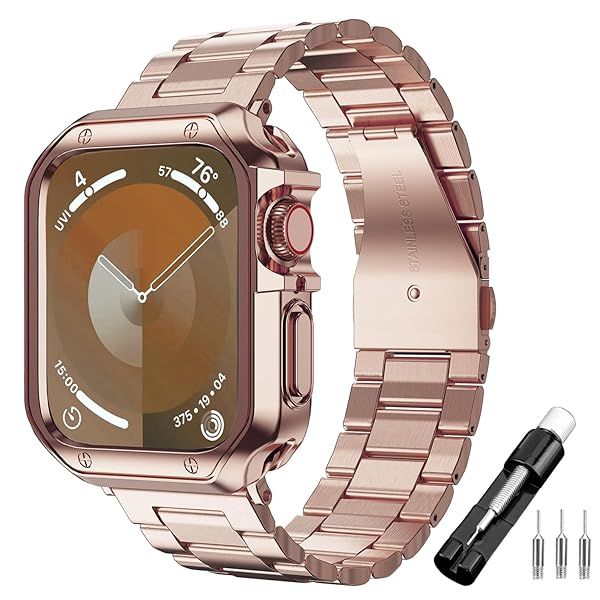 iTecFree Apple Watch Metal Band with Case 45mm 44mm 42mm Stainless Steel Sports Strap and TPU Soft Case for iWatch SE Series 1 to 8 Rose Gold