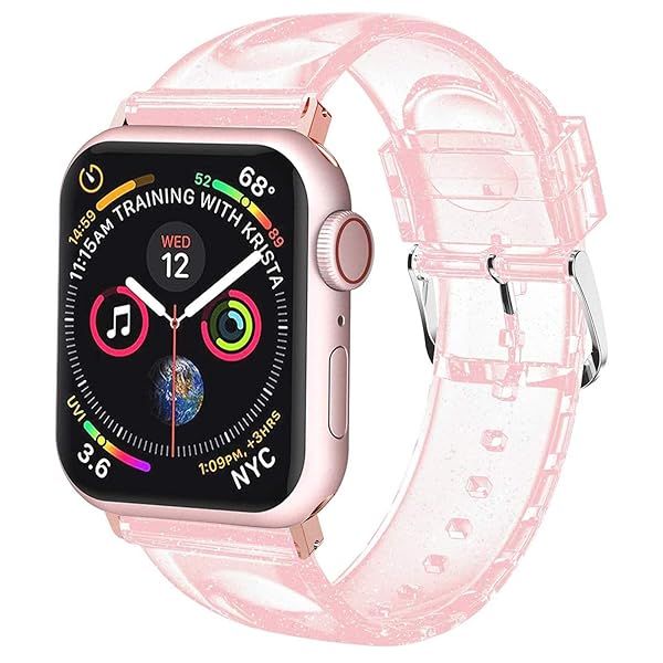 iiteeology Soft Glitter Clear Apple Watch Band 42mm 41mm 40mm 38mm for Women Series 1-10 Pink Silver with Rose Gold Connector