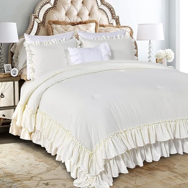 Masaca Shabby King Size Comforter Set Lightweight Vintage Rustic Bedding Farmhouse Ivory Ruffled 3 Piece Set with Pillowcases