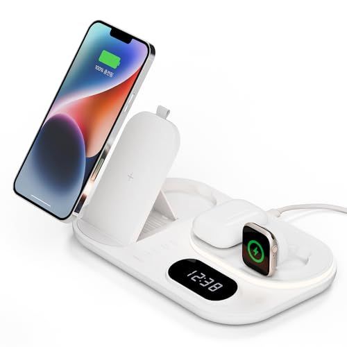 mooas 4-in-1 Fast Wireless Charging Nightlight Clock for iPhone 15, Galaxy S24, AirPods & Apple Watch - Ultimate Charging Station