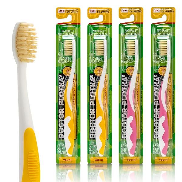 Mouthwatchers Soft Kids Toothbrushes 4 Pack Manual Flossing Ultra Clean 2 Yellow 2 Pink Childrens Toothbrushes by Dr Plotka's