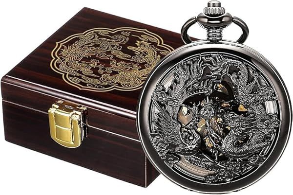 Oyeaho Antique Mechanical Pocket Watch for Men Lucky Dragon Phoenix Skeleton Dial Roman Numerals with Chain and Wooden Case Gifts