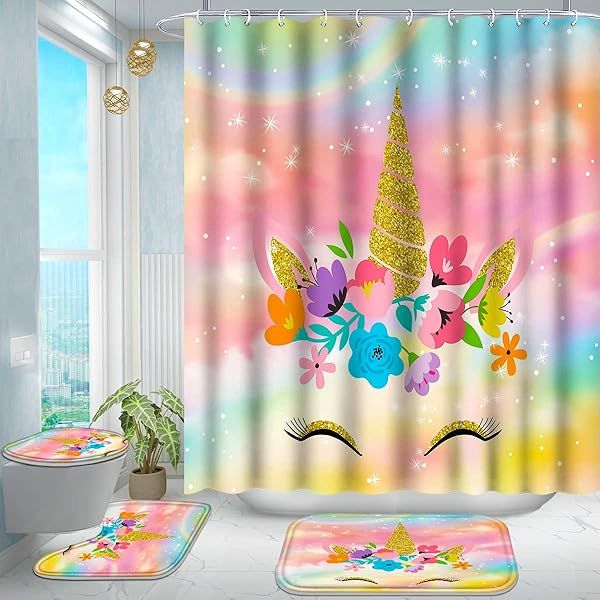 Poedist 4 Pcs Kids Bathroom Shower Curtain Set with Rugs and 12 Metal Hooks in Multicolor Cute Flowers Design