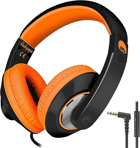 Rockpapa Comfort+ Kids Headphones with Microphone - Over-Ear Wired for School & Tablets - Black & Orange