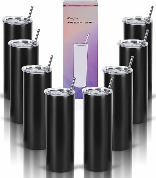 Wzaytia 20 Oz Stainless Steel Skinny Tumbler Set 8 Pack Insulated Travel Cups with Lid Black