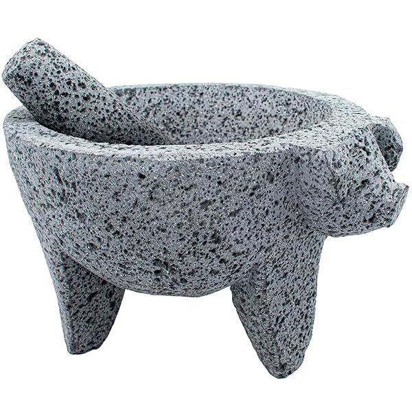 YOPIDO 9 Inch Molcajete Mortar and Pestle Pig Design Handmade Lava Stone Herb Bowl Spice Grinder Volcanic Stone