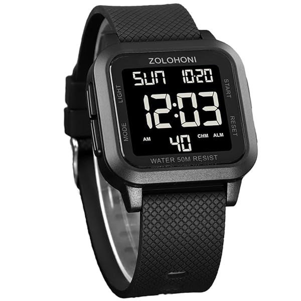 Zolohoni Mens Digital Watch Waterproof LED Square Large Face Dual Time Date Wrist Watch for Men