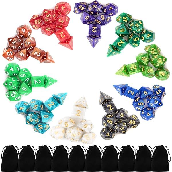 10 X 7 Polyhedral Dice Set 70 Pieces for Dungeons and Dragons DND RPG MTG Table Games with 10 Black Bags and 10 Color Options