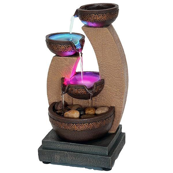 "11" Golden Tiered Bowl Fountain with Color Changing LED Lights & Adapter - Elegant Brown Decor"