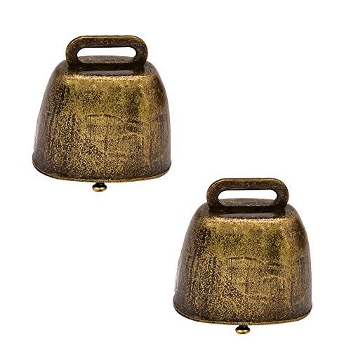 2 Pack Antique Metal Cow Bells - Loud Brass & Copper Farm Animal Bells for Cattle, Horses, Sheep & Pets (Green Bronze)