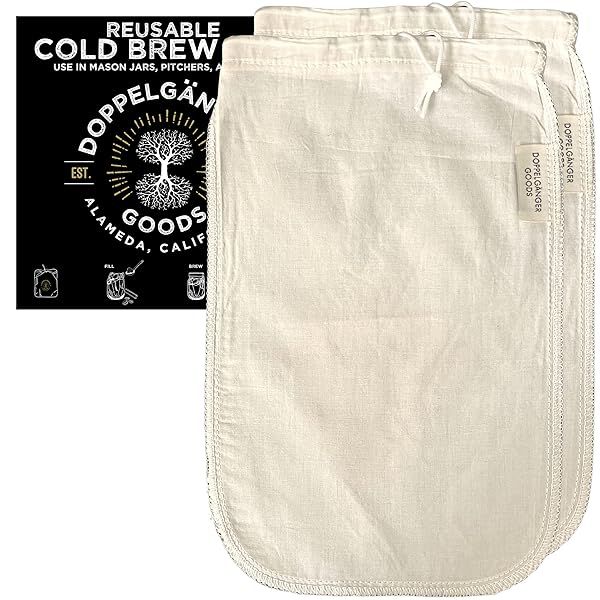 Organic Cotton Cold Brew Coffee Bag 2-Pack Medium 8in x 12in Reusable Filter with EasyOpen Drawstring for Pitchers Mason Jars Toddy Systems