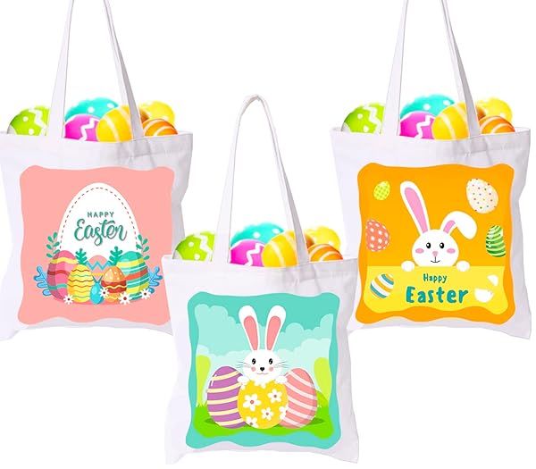 Large 3 Pack Easter Gift Bags with Handles Canvas Bunny Treat Bags for Kids Perfect for Easter Party Favors and Egg Hunts