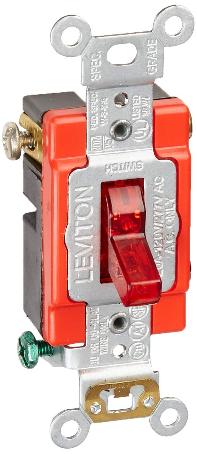 Leviton 1221-PLR 20A Toggle Pilot Light Switch - Heavy Duty, Self-Grounding, Red, 120V AC