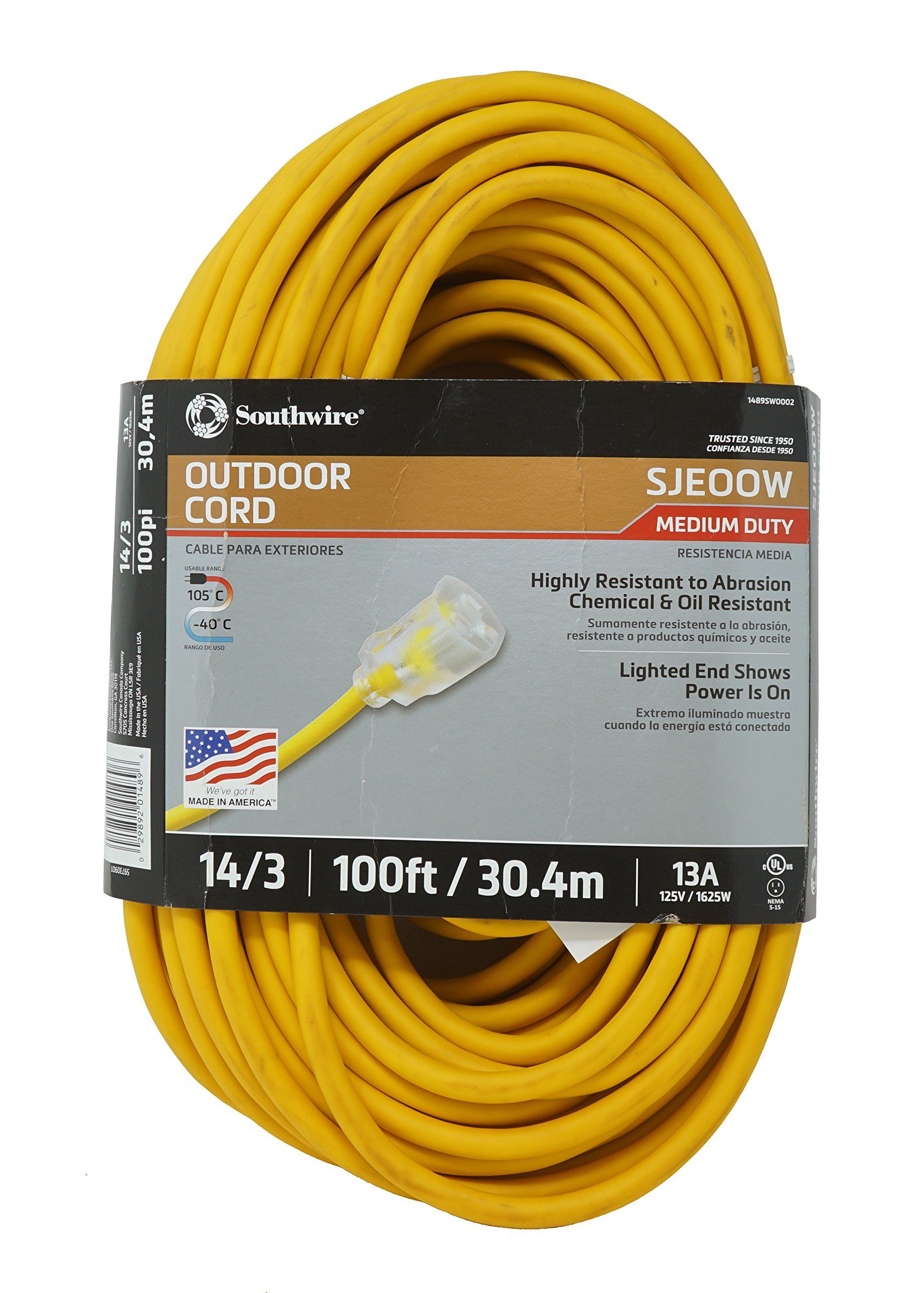 Southwire 14890002 100ft 14/3 SJEOOW Polar/Solar Extension Cord - Durable Yellow Power Cable