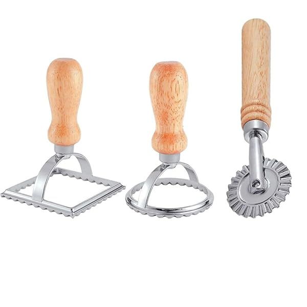 3PCS Ravioli Maker Stamp Cutter Set with Roller Wheel Biscuit Cutter Pasta Mold Wooden Handle Fluted Edge Dumpling Cutter
