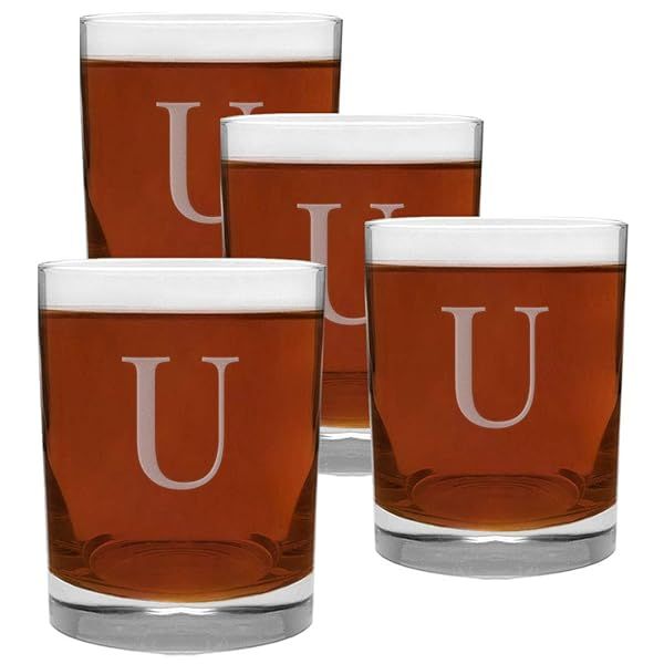 Engraved U-Letter Monogram 4 Piece Glass Set 13.5 Ounce Perfect for Gifts and Home Use