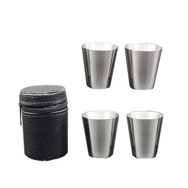 4-Pack 30ml Stainless Steel Shot Cups with Black PU-Leather Case - Perfect for Camping, Travel, Coffee & Tea