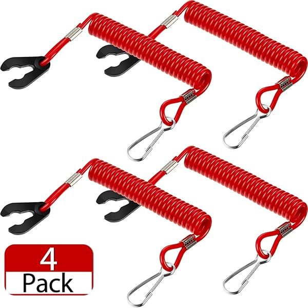 Universal Outboard Kill Switch Keys Set of 4 with Safety Stop Lanyard for Most Boat Engines Red