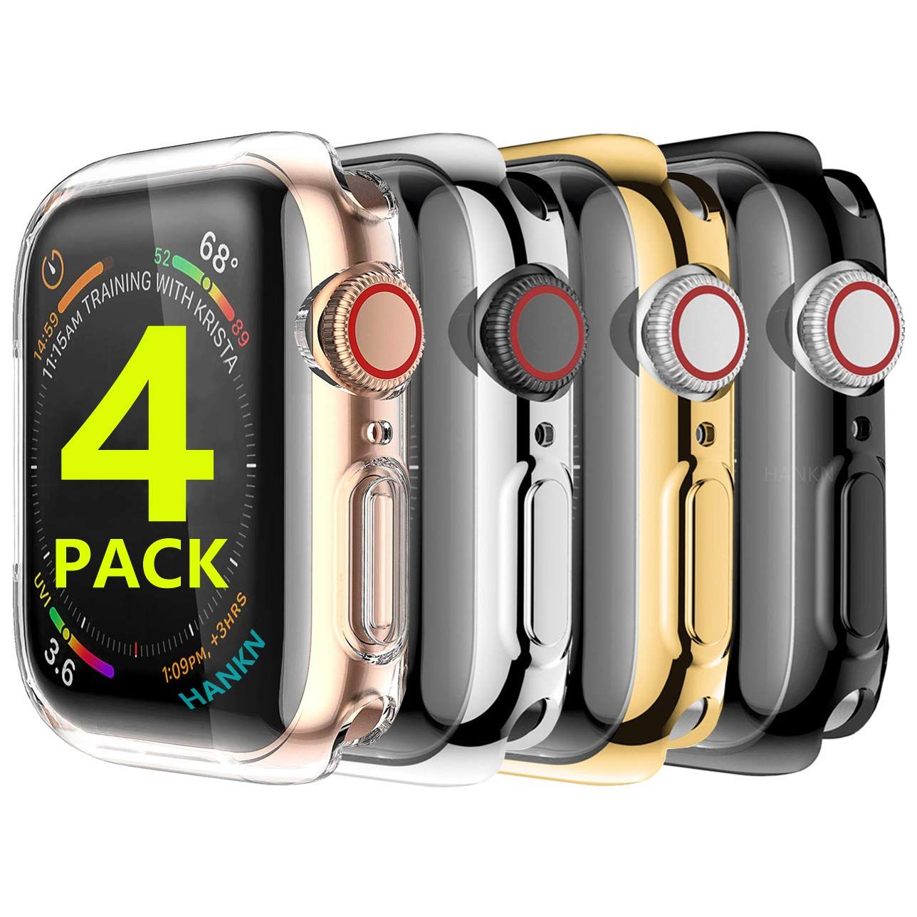 HANKN 4 Pack Apple Watch Series 6/5/4/SE 44mm Case & Screen Protector - Shockproof TPU Bumper (Clear, Silver, Gold, Black)